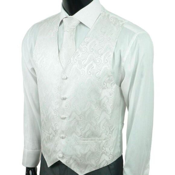 New Men's white paisley tuxedo vest size & neck tie, pocket square L - Picture 1 of 8